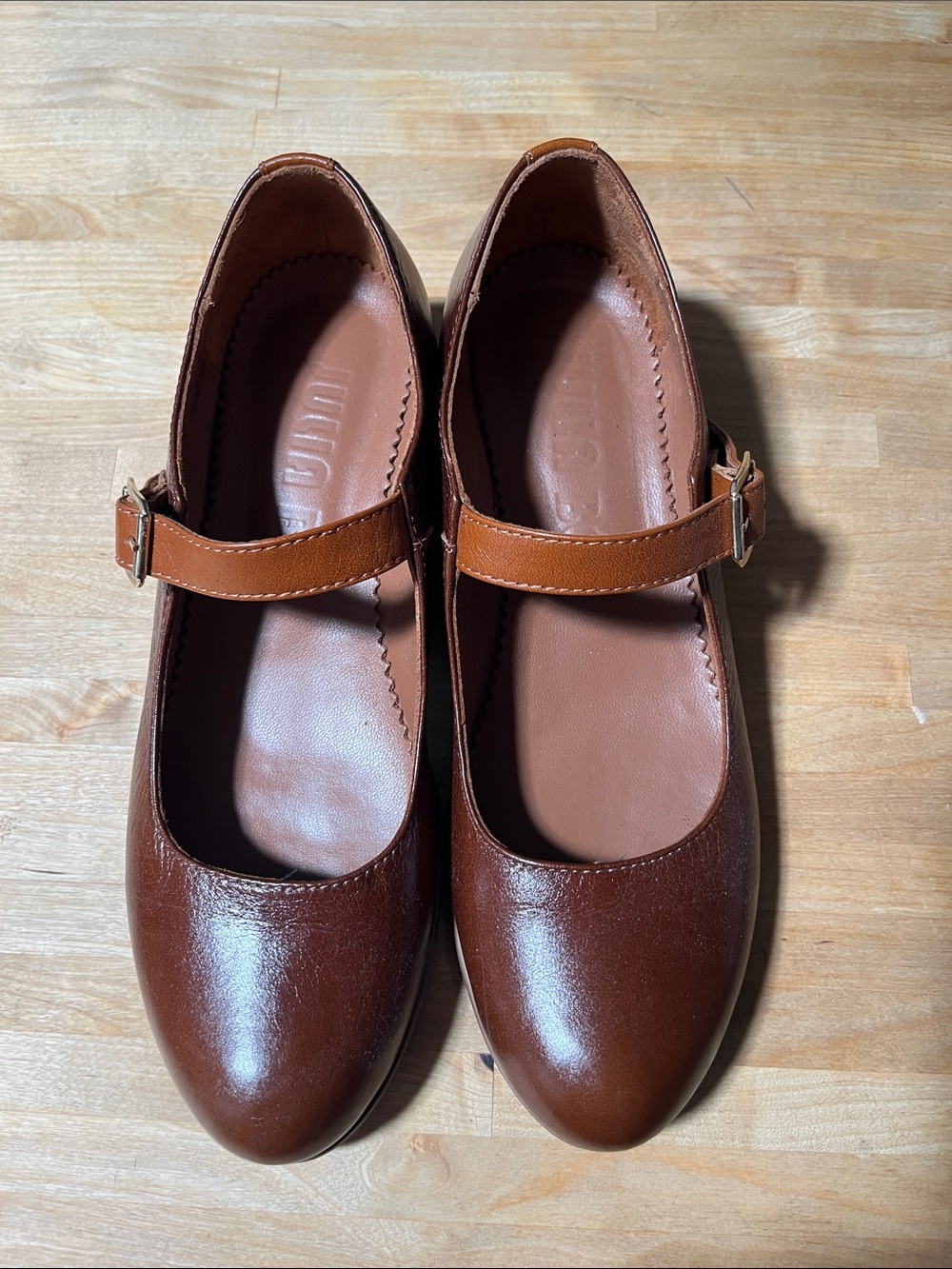 Women's Julia Bo Brown Mary Jane Joplin Flats with Orange Adjustable Strap